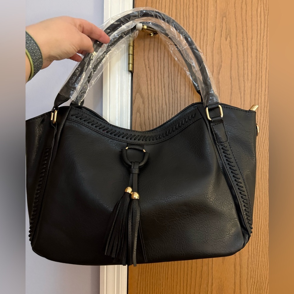 NWT Elegant Black Handbag with Tassel Detail